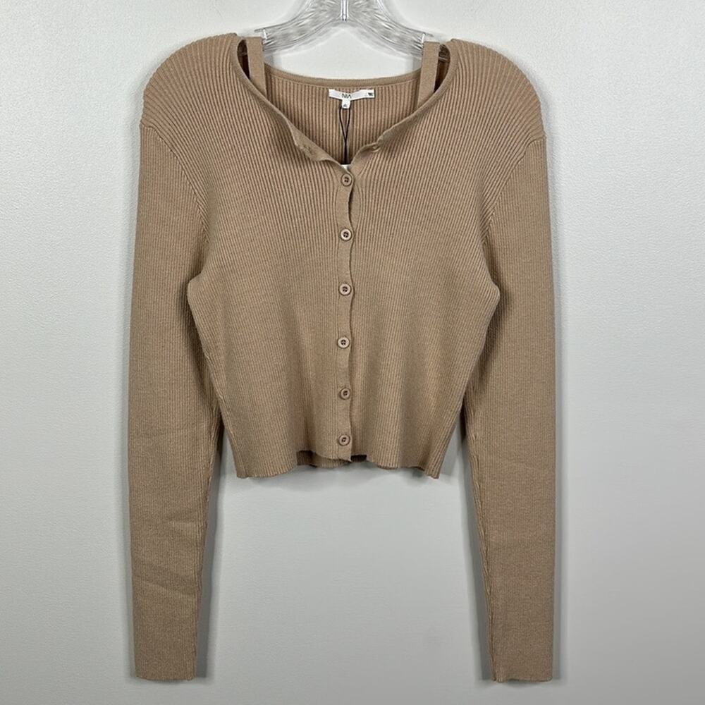 NIA Women's XL Olivia Knit Twin Set Cropped Cardigan & Tank Top Tan NWT